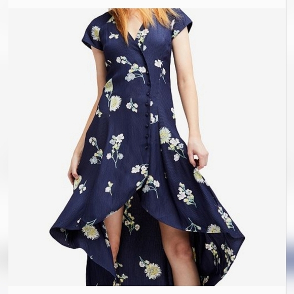 Free People Lost In You Midi Dress Button Up High Low Floral Navy Size XS - Picture 3 of 14